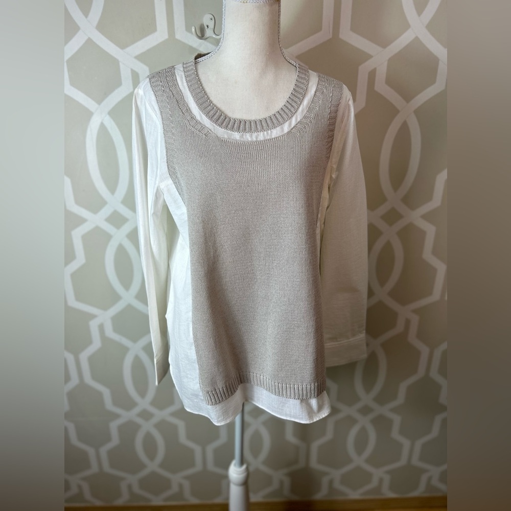 Babette SF Layered Look Shirt White Greige Long Sleeve Knit Overlay Fits Sz M/L